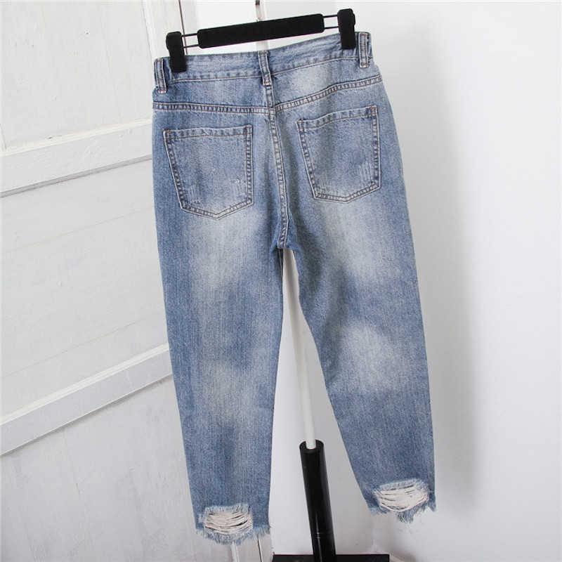 9116 Women Baggy Casual Loose Peach Flower Embroidery Hole Harem Denim Pant Office Lady Vintage Ankle Length Ripped Jeans 210809