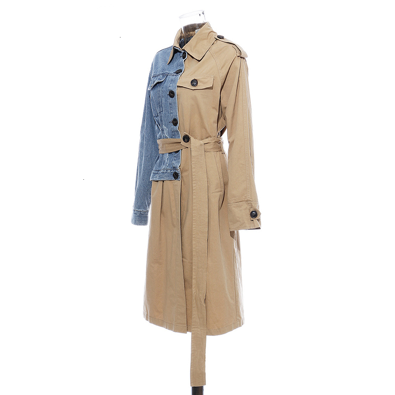 TWOTWINSTYLE Asymmetrical Patchwork Denim Women's Trench Coats Lapel Collar Long Sleeve Loose Female Windbreaker Autumn New 210218