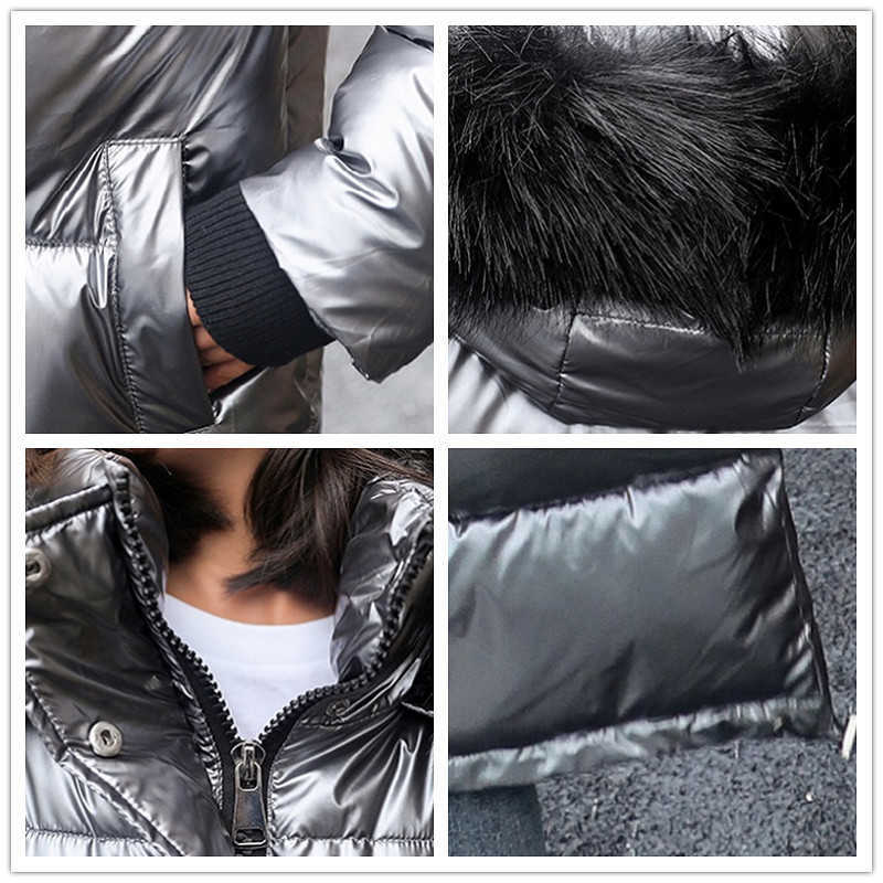 Women's Winter Fur Collar Hooded Long Over-The-Knee Coat Pu Bright Skin Is Thin Korean Down Parker Cotton Woman Jacket 211013