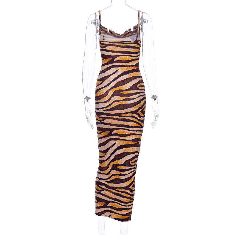 Urban Sexy Dresses Viifaa Multicolor Zebra Skin Print Summer Sexy Women Cami Long Dress Spaghetti Strap Sleeveless Party Slim Bodycon Dresses 210222