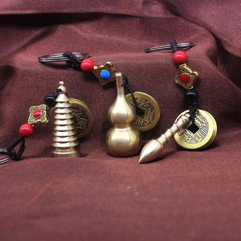 Key Rings True Copper China Wind Tiktok Feng Shui Calabash Chain Creative Mini Gifts Wax Lost Brass Ring Pendant