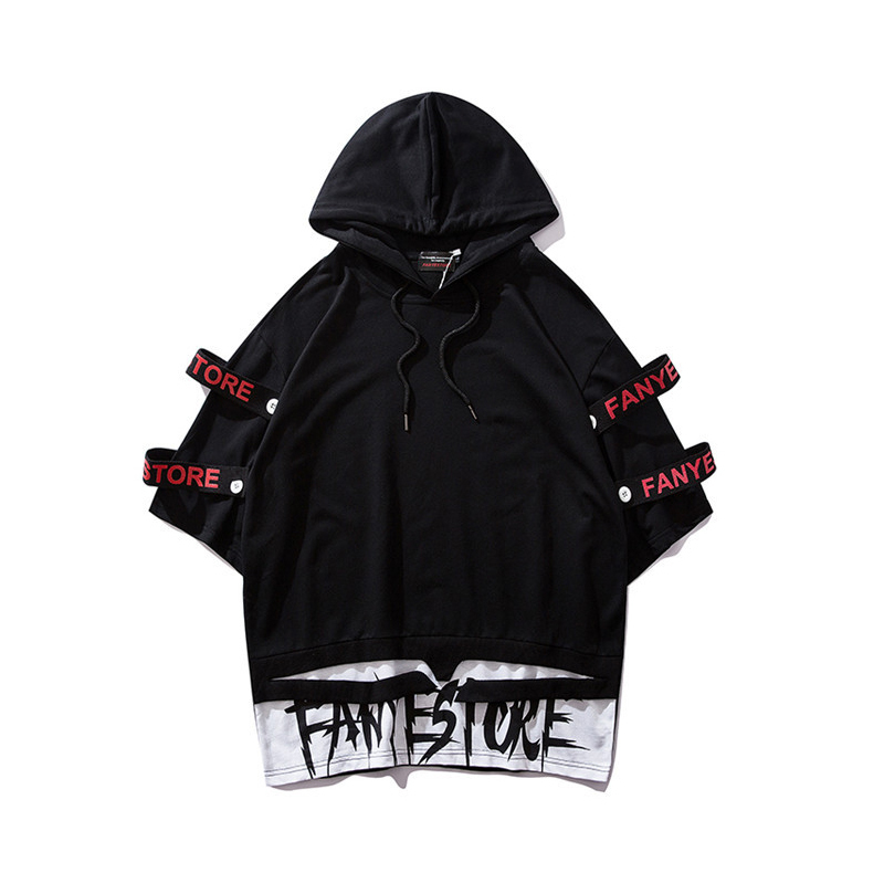 Summer Short Sleeves Harajuku Korea Fashion Streetwear One Piece Hip Hop Rock Punk Men Black Red Hoodies Sweatshirt Clothes 201020