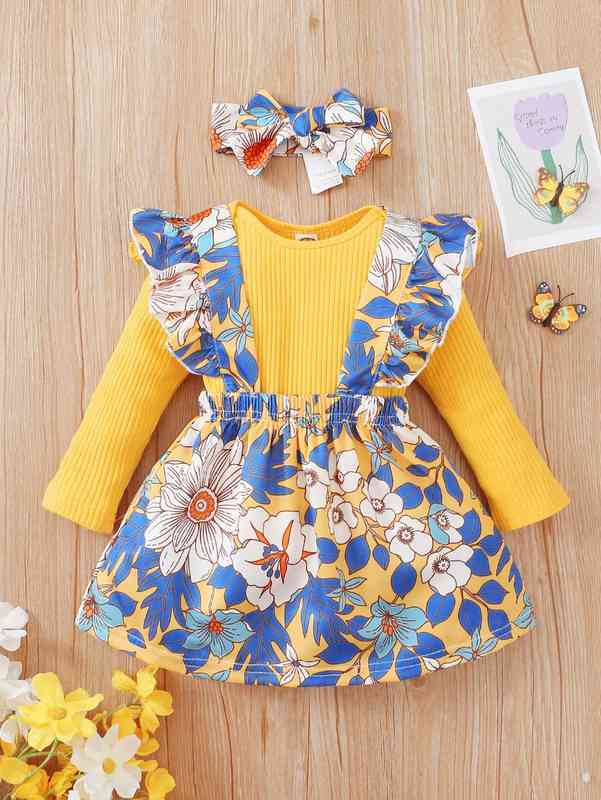 Baby Ruffle Trim Bodysuit & Suspender Skirt & Headband SHE