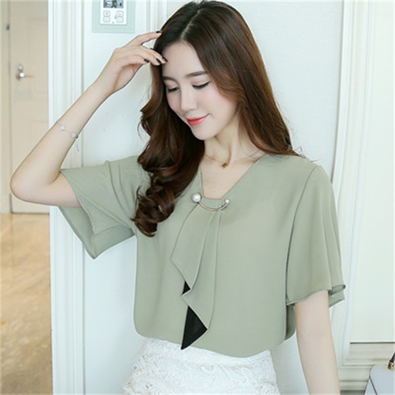 New Chiffon Women Blouse Shirts Fashion Short Sleeve Plus Size Feminine Tops V-neck Women's Clothing Blouse Blusas D560 30 210225