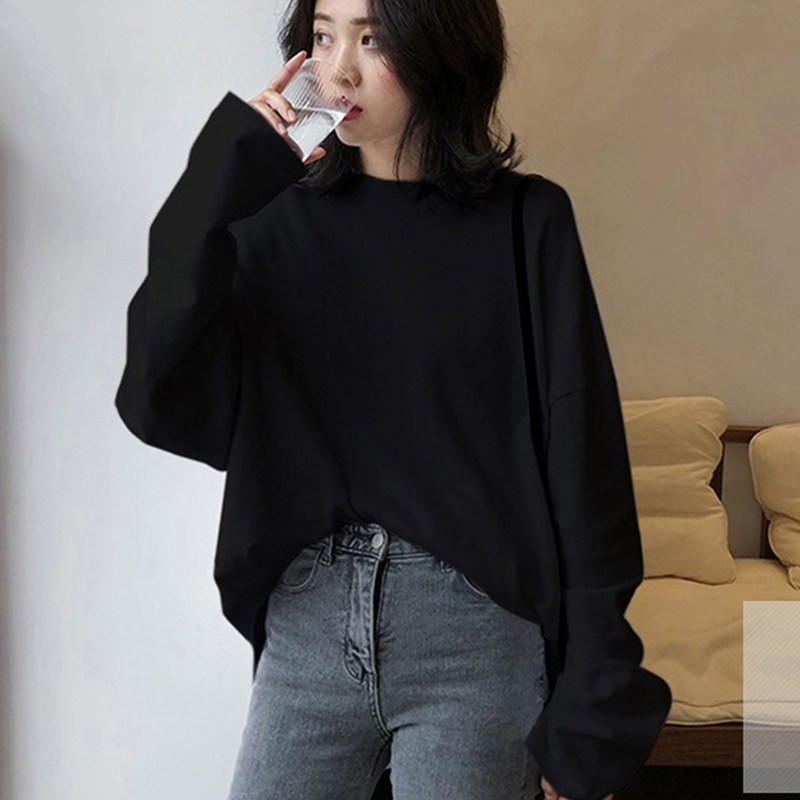 harajuku Best friends long T Shirt Women kawaii T-shirts Women 2021 autumn Solid Simple oversized tshirt White long Sleeve Tops 210302