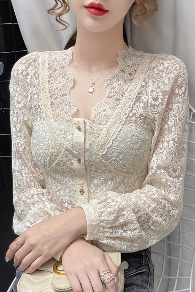Autumn Sexy V-Neck Lace Patchwork Blouse For Women Hollow Out Long Sleeve Chiffon Shirt Female Beige Short Tops Blusas 210308
