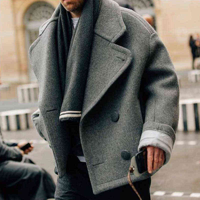 Winter Woolen Jacket Men Casual Slim Fit Trench Overcoat Thick Warm Wool Coat Windbreaker Solid Color Male Jacket Outerwear 211122