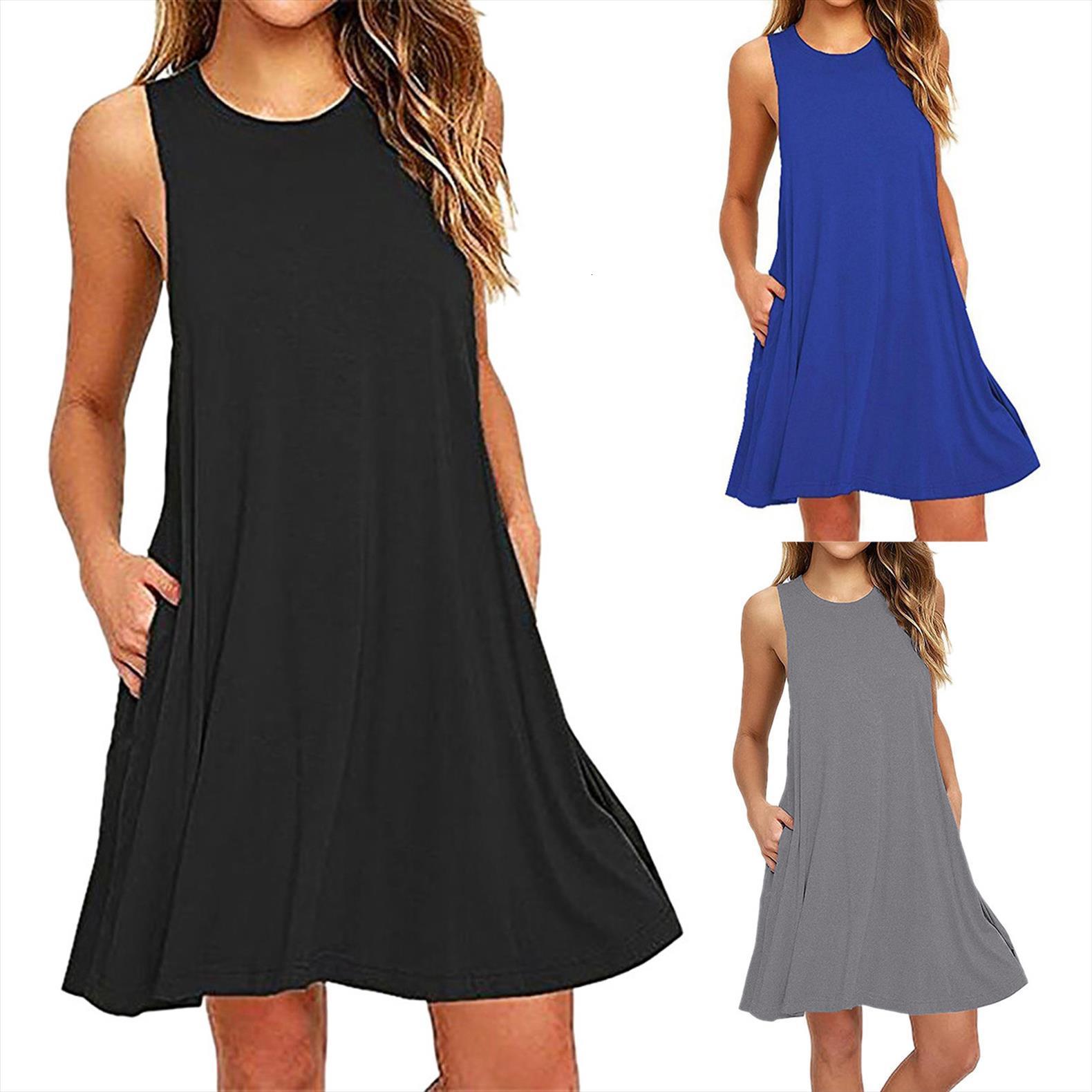fashion o neck casual women dresses solid pockets sleeveless above knee for summer, Black;gray 
fashion o neck casual women dresses solid pockets sleeveless above knee for summer, Black;gray