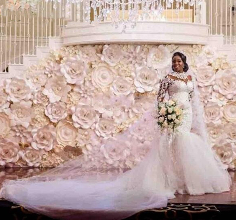 Vintage African Lace Mermaid Wedding Dress Crystals Beaded Appliques Tulle Long Sleeve Formal Bridal Gowns Buttons Sheer Back Long Train Bride Dresses