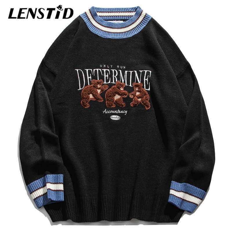 LENSTID Men Hip Hop Knitted Jumper Sweaters Embroidery Bear Streetwear Harajuku Autumn Casual Knitwear Pullovers Fashion Tops 210818