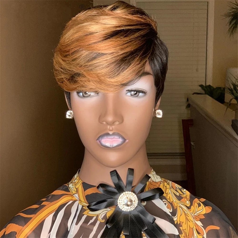 Short Honey Blonde Ombre Color Brazilian Human Hair Bob Wig With Bangs Pixie Cut Straight Non Lace Front Wigs For Women