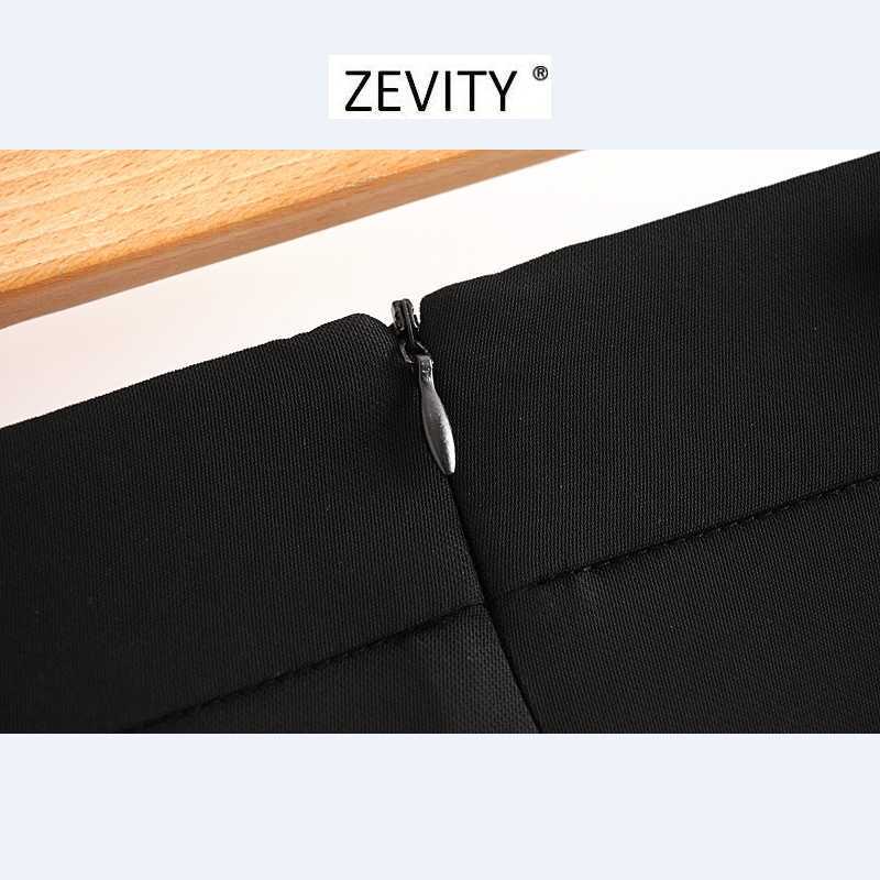 ZEVITY Women buckle decoration black split wide leg pants femme back zipper casual slim Trousers office wear chic pants P915 210603