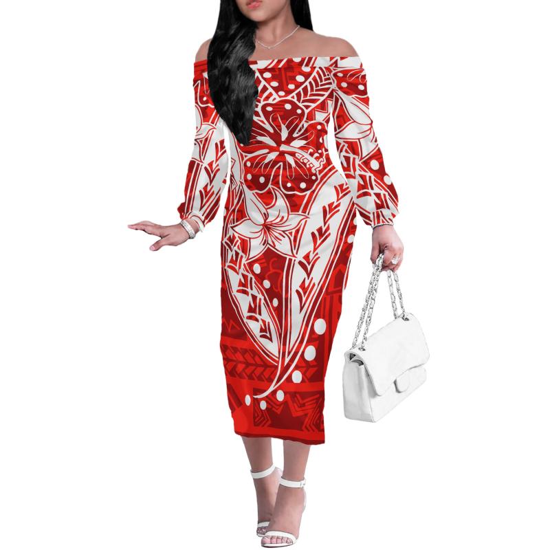 Casual Dresses Factory Price Personality Red-black Party Off Shoulder Dress Custom Polynesian Tribal Tattoo Pattern Large Size 4XL Sexy