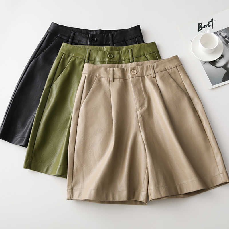 England Style Pu Leather Shorts Female High Quality Wide Leg Faux Waist Plus Size Loose Short Pants Women 210714