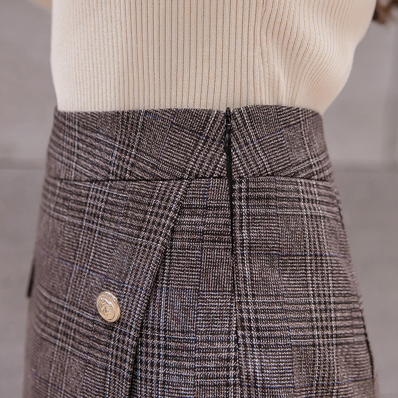 Autumn Pocket Wool Warm Winter Shorts Women Slim Fashion Button Plaid Skirt For Women Retro Women Plus Size Mini Skirts 210309