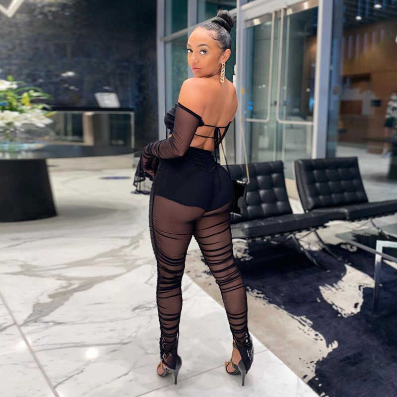 White Black Mesh Two Piece Set Long Sleeve Crop Top and Stacked Pants Sexy Birthday Club Outfits for Women D16-DF32 Y0625