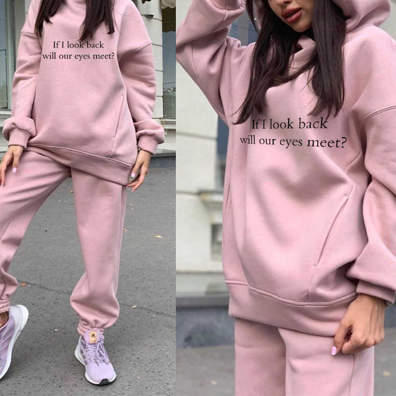 Letter Print Women's Set Oversize Fleece Two Piece Set Tracksuit Winter Female Hooded Long Sleeve Hoodie Pants Sportwear Suit 210709
