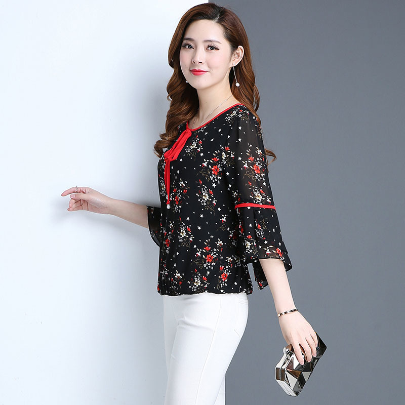 summer tops chiffon blouses women shirt fashion flare sleeve shirts print blouse blusas plus size women clothing DF2393 210225