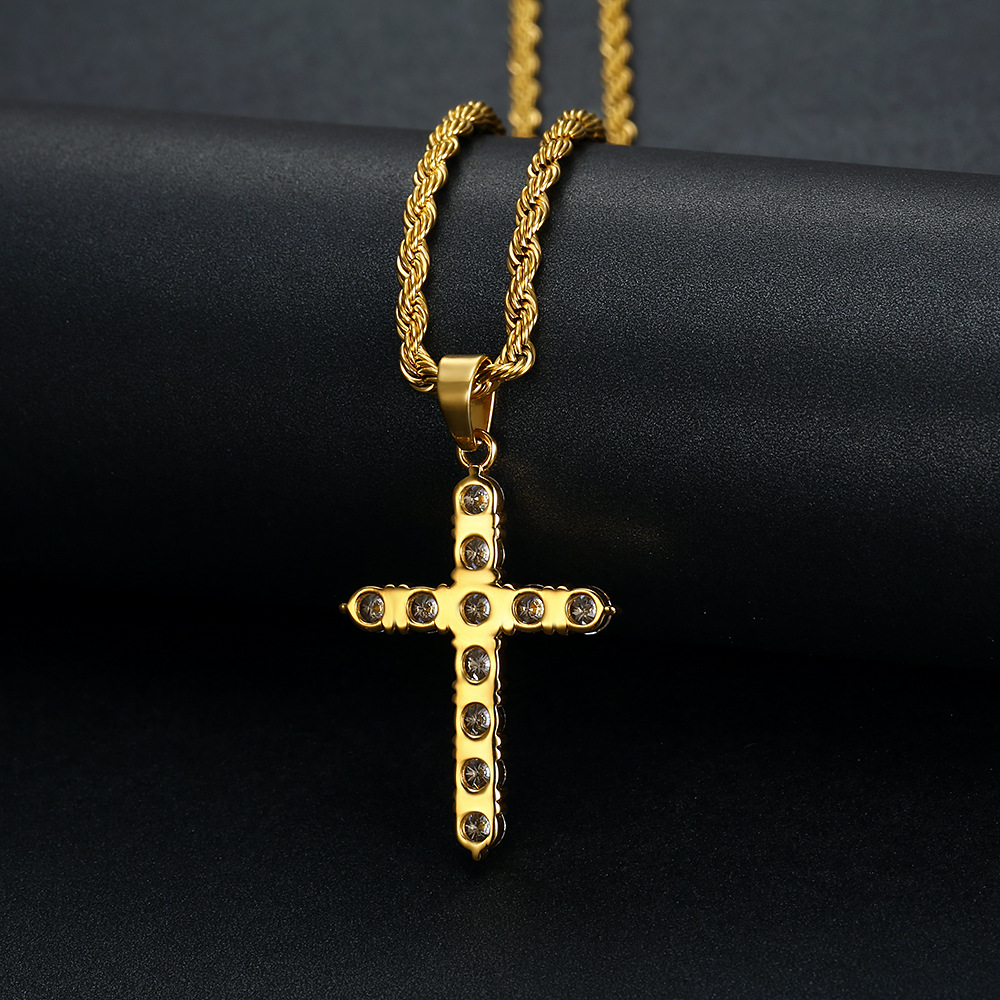 Hip Hop Stainless Steel Charm Cross Pendant Necklace Bling White Zircon 18K Gold Plated Religious Jewelry Men Women Gift