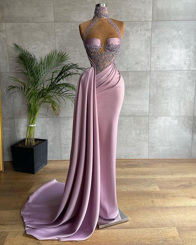2022 Lilac Sexy Mermaid Prom Dresses High Neck Illusion Long Lace Appliques Crystal Beads Formal Plus Size Evening Dress Party Dress Pageant Gowns