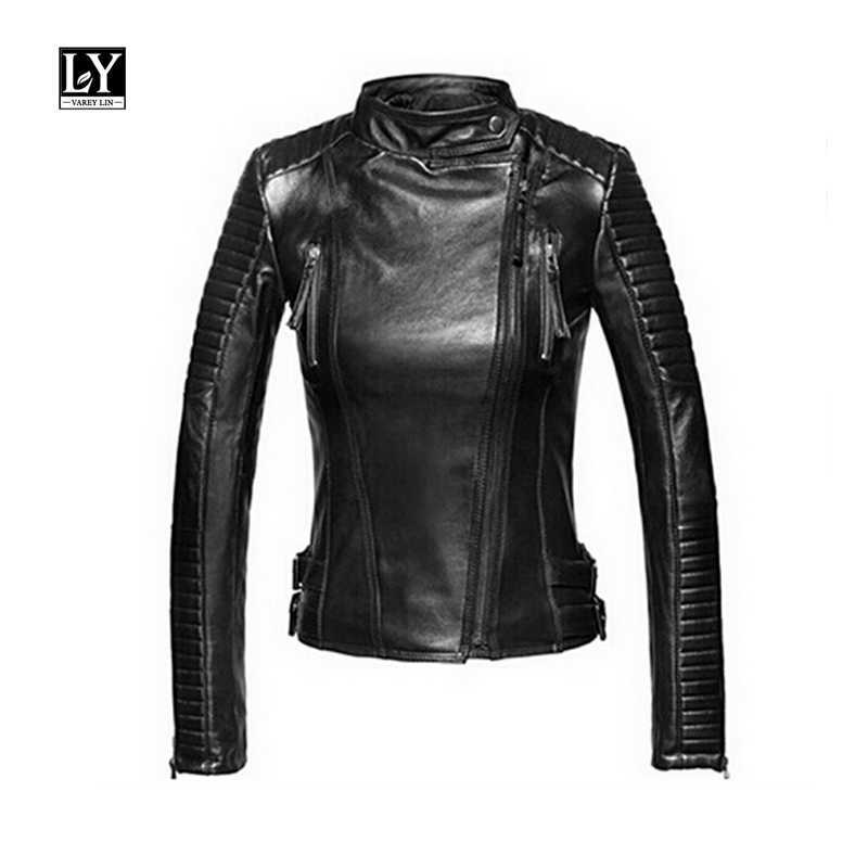 LY VAREY LIN Spring Leather Jacket Women Slim Pu Motorcycle Faux Soft Zipper Lady Short Balck Punk Outwear 210526