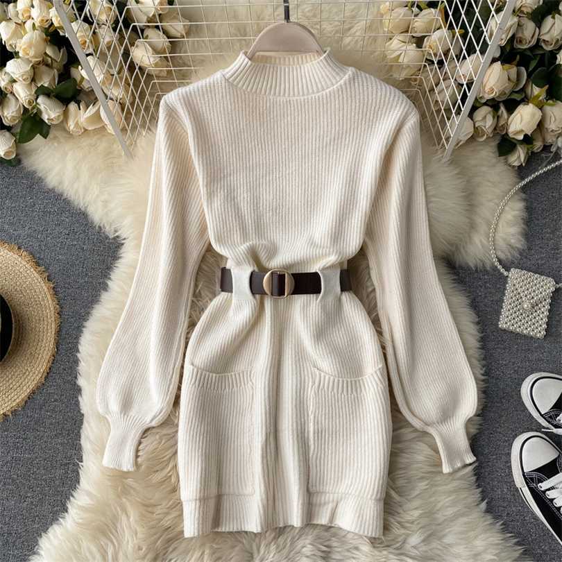 Women Puff Sleeve Sweater Dress Autumn Winter with Belt Bandage Short es Ladies Casual Knitted 211110, Apricot
Women Puff Sleeve Sweater Dress Autumn Winter with Belt Bandage Short es Ladies Casual Knitted 211110, Apricot