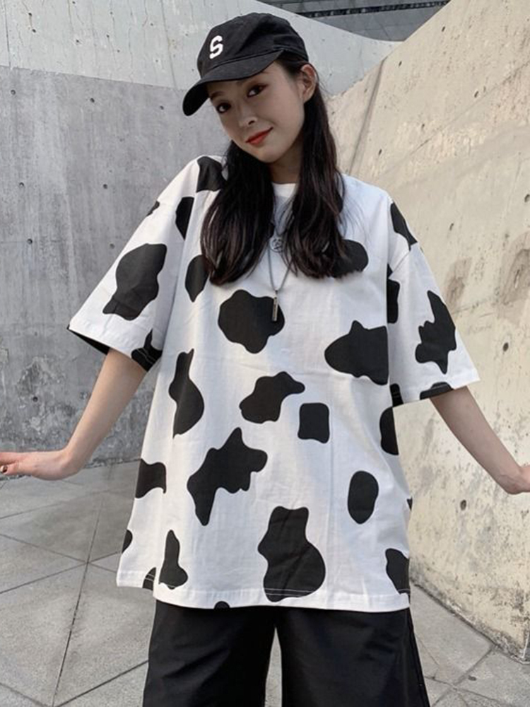 HWLZLTZHT Cotton T Shirt Summer Women's Clothing Large Sizes Cow Print Basic T Shirt Women Casual O-neck Tshirt Oversized Top 210306