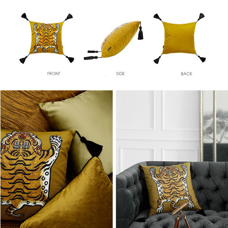 DUNXDECO Cushion Cover Decorative Square Pillow Case Vintage Artistic Tiger Print Tassel Soft Velvet Coussin Sofa Chair Bedding 212373509