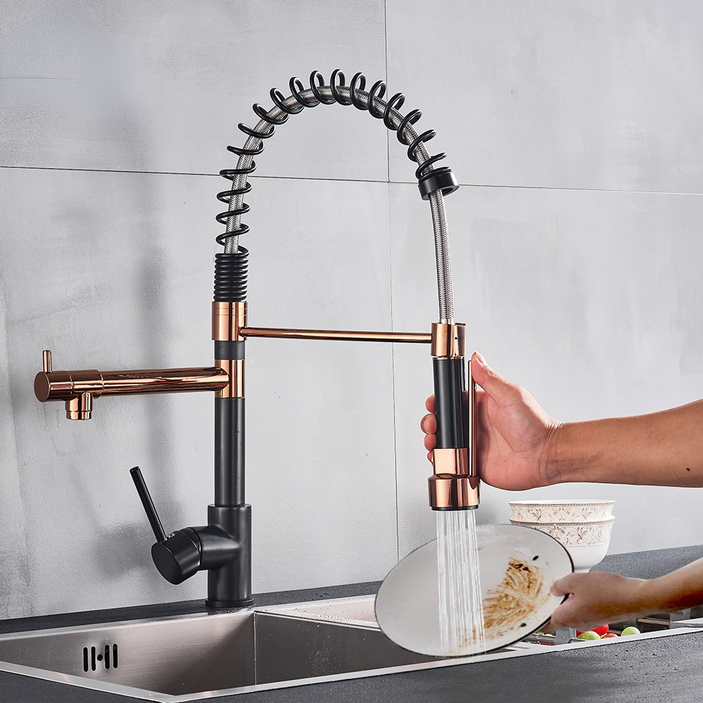 Black and Rose Golden Spring Pull Down Kitchen Sink Faucet Hot & Cold Water Mixer Crane Tap with Dual Spout Deck Mounted
Black and Rose Golden Spring Pull Down Kitchen Sink Faucet Hot & Cold Water Mixer Crane Tap with Dual Spout Deck Mounted