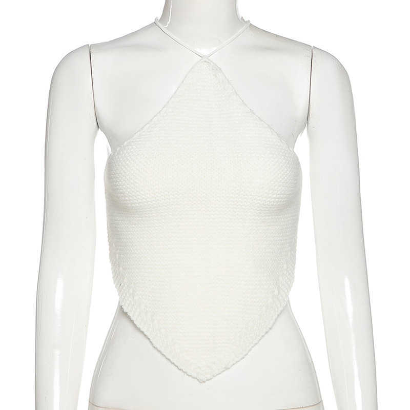 Colysmo Knitted Tank Top Women Backless Lace up Spaghetti Straps Solid Color Cut out Halter Summer Sweater Vest Party Wear 210527