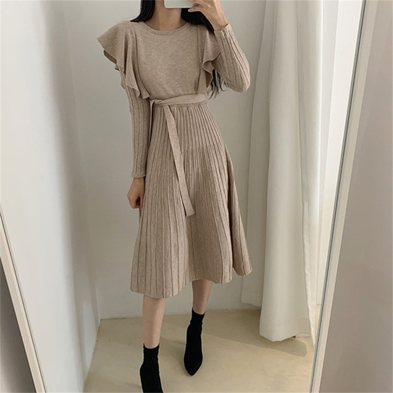 Elegant Ruffles Slim Waist Women Sweater Dress Autumn Winter Long Sleeve Lace-up A-line Knitted Female 210603, Picture color 
Elegant Ruffles Slim Waist Women Sweater Dress Autumn Winter Long Sleeve Lace-up A-line Knitted Female 210603, Picture color