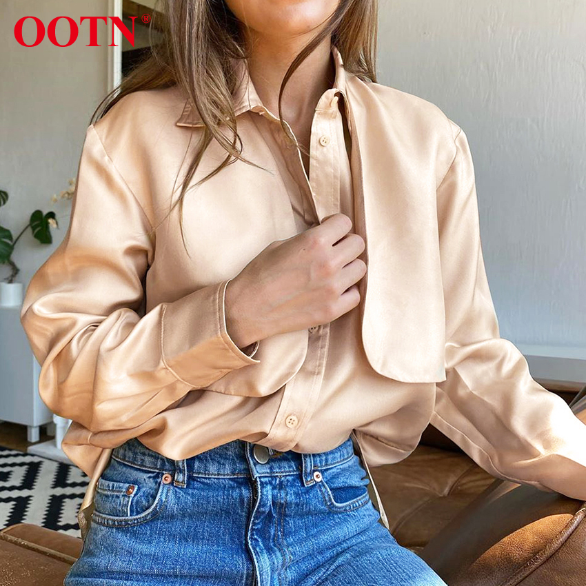 OOTN Casual Turn Down Collar Office Ladies Satin Shirt Female Blouse Button Elegant Womens Tops And Blouses Autumn Fashion 210225
