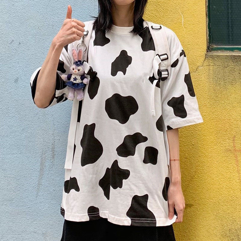 HWLZLTZHT Cotton T Shirt Summer Women's Clothing Large Sizes Cow Print Basic T Shirt Women Casual O-neck Tshirt Oversized Top 210306