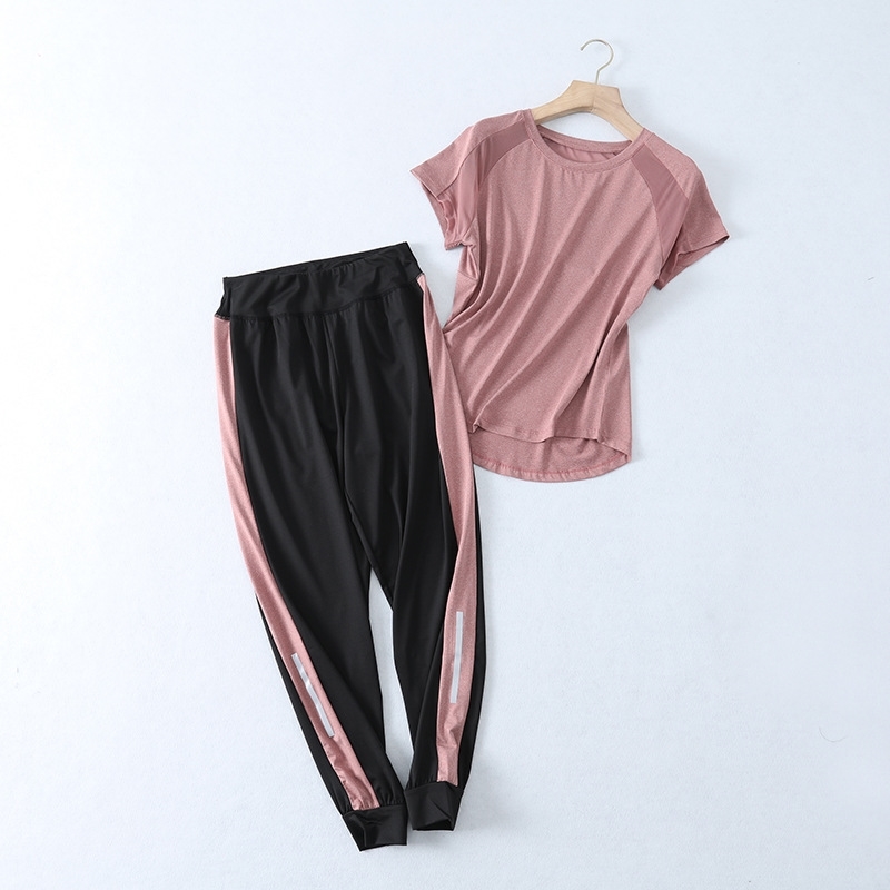 Women's 2 Pieces Sets Summer Fitness Running O-Neck T-shirt Elastic Waist Harlan Pants Suit Female 210607, Pink
Women's 2 Pieces Sets Summer Fitness Running O-Neck T-shirt Elastic Waist Harlan Pants Suit Female 210607, Pink