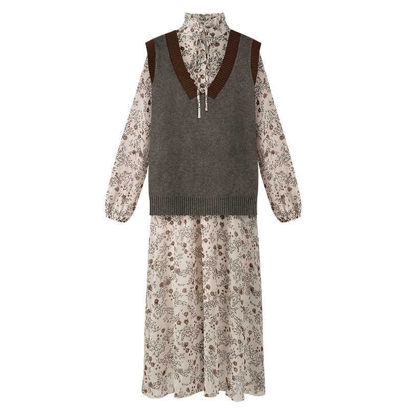 LY VAREY LIN Autumn Sweater Dress Two Piece Set Elegant Floral Print Stand Collar Long Sleeve Loose Ladies Streetwear 210526