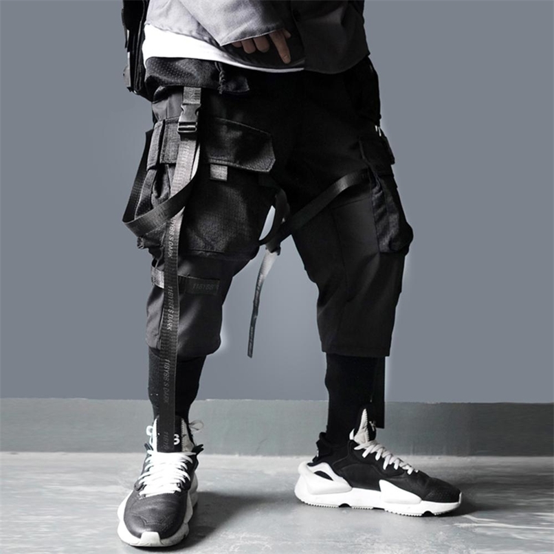 Ribbons Multi Pockets Cargo Pants Harajuku Casual Track Trouser Streetwear Techwear Pants Joggers Cyberpunk Men's clothes 211119
