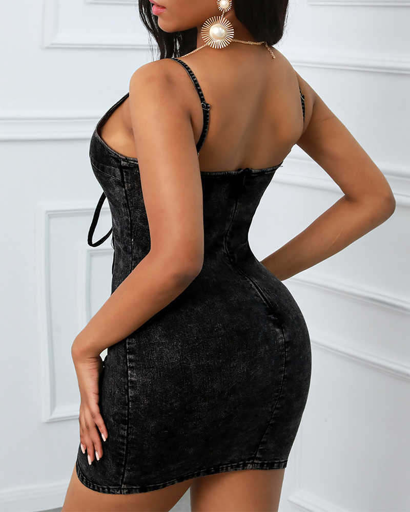 Summer Women Fashion Casual Short Dress Eyelet Lace-up Denim Bodycon Mini Dress 210716