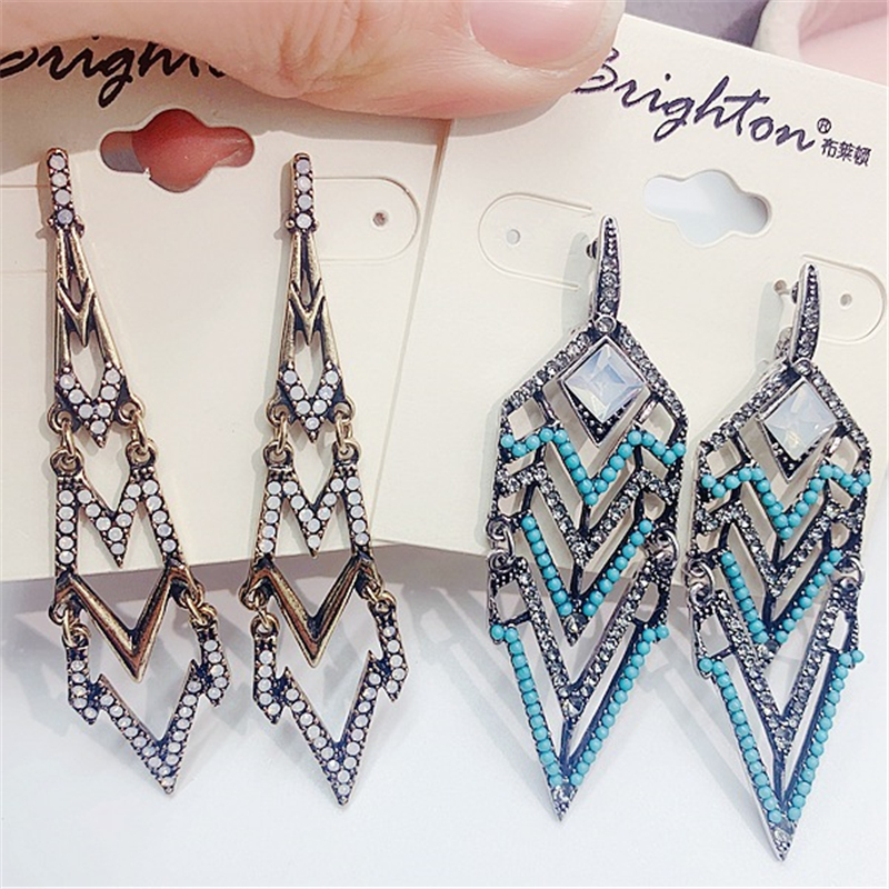 Palace Bohemian Dangle Earrings For Women Fashion Vintage Exaggerated Gemstone Gold Eardrop Ethnic Classical Drop-Shaped Jewelry