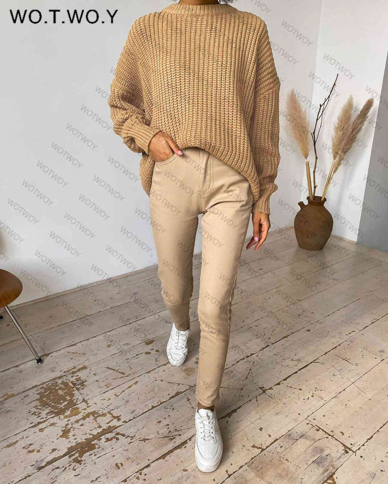 WOTWOY Autumn Winter Thickening Oversized Sweater Women Long Sleeve Casual Loose Pullovers Female Cashmere Solid Knitted Tops 211123wtt