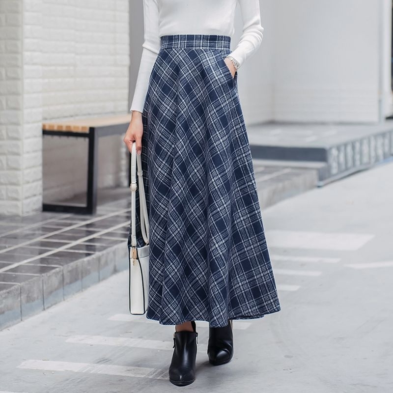 Japanese Style Vintage Plaid Long Skirt For Women Streetwear Zipper Elastic High Waist Pocket Woolen Skirts Winter SK242 T200324