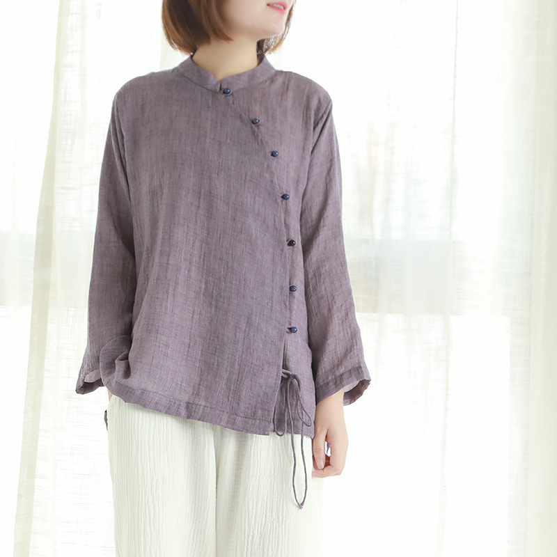 Johnature Chinese Style Women Stand Shirts Button Seven Sleeve Autumn Blouses Solid Color Belt Women Vintage Shirts Top 210308