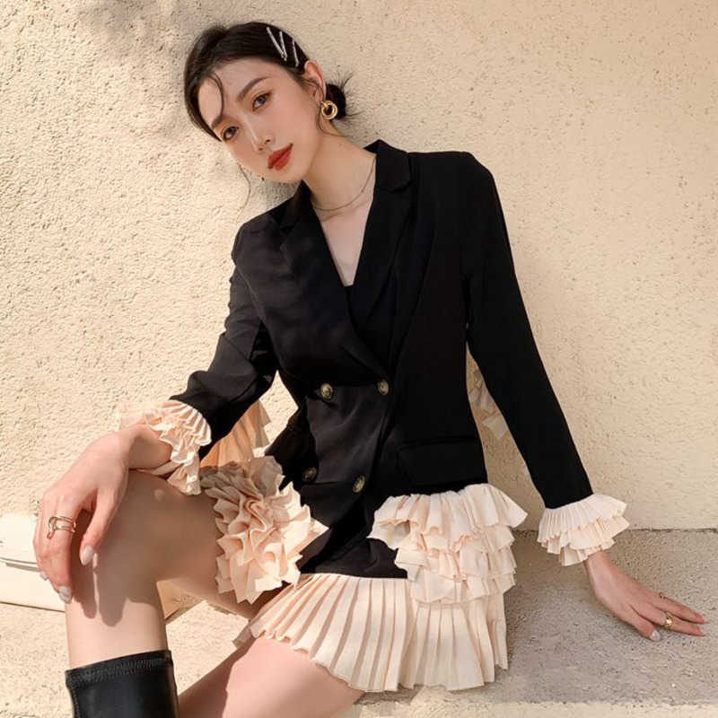 [EWQ] Autumn Female Notched Collar Long-sleeved Blazer Coat Double Breasted Loose Sweet Patchwork Ruffles Suit Top 8Y048 210930