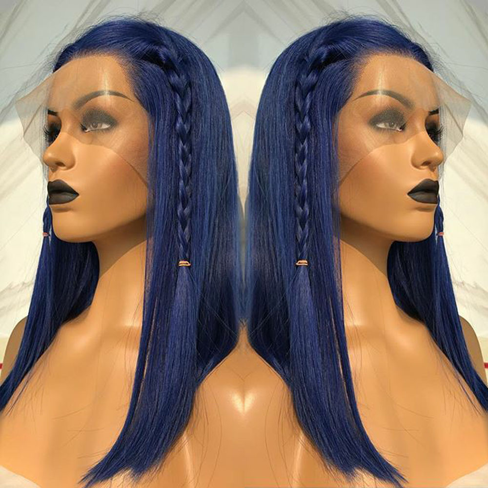 Long Straight Hair Synthetic Lace Front Wig Blue Color Middle Part Pre Plucked Glueless Wigs For Black Women