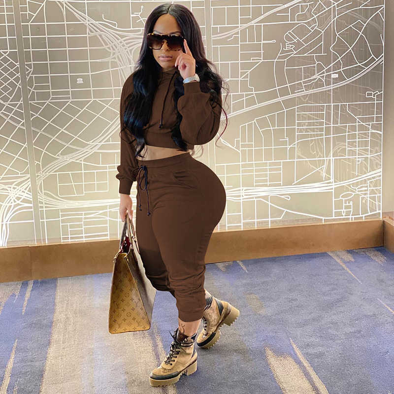 2020 Drawstring solid color hooded Tracksuit Women Casual Outfits Two Piece Set Pants Suits Plus Size Clothing Sets Y0625