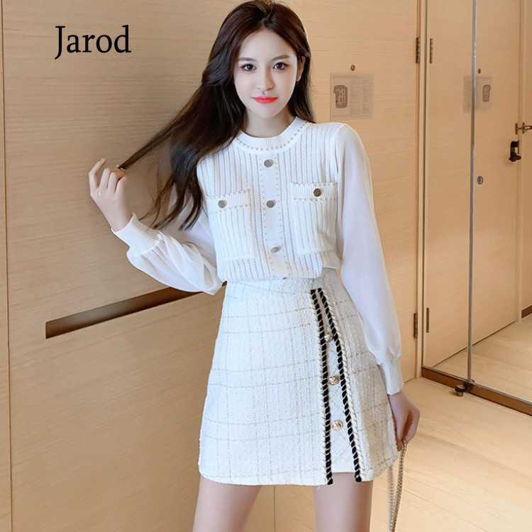 Fashion 2 Piece Set Autumn Women Chiffon Patchwork Long Sleeve Knit Top + High Waist Plaid Tweed Mini Skirt Suit 210526, Photo color
Fashion 2 Piece Set Autumn Women Chiffon Patchwork Long Sleeve Knit Top + High Waist Plaid Tweed Mini Skirt Suit 210526, Photo color