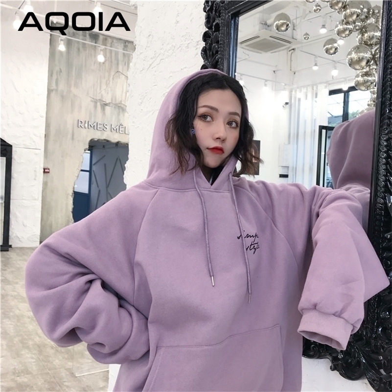AQOIA Hoodies Women Thicker Plus Velvet Pocket Warm Soft Hooded Letter Printed Simple Loose Womens Trendy Sweatshirt Winter 201204