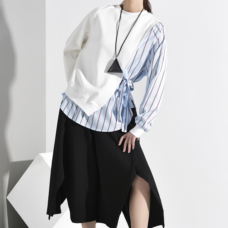 [EAM] Loose Fit Blue Striped Split Bandage Sweatshirt New Round Neck Long Sleeve Women Big Size Fashion Tide Spring LJ201130