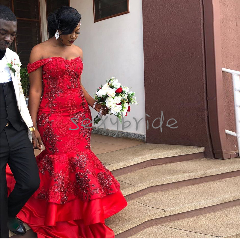 Plus Size Red Mermaid Lace Dresses Off Shoulder New Africa Beading Tiered Bridal Gown Satin Wedding Dress Reception Second Wear