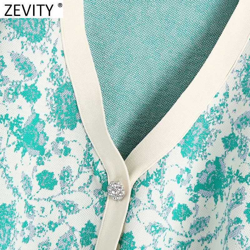 Zevity Women Fashion V Neck Floral Print Jacquard Short Knitted Sweater Female Chic Puff Sleeve Cardigans Crop Tops SW837 210918