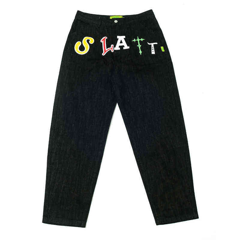 Fashion Streetwear Men Baggy Jeans Hip Hop Black Star Alphabet Graffiti Loose Casual Wide Leg Pants Woman Denim Trousers 211108
